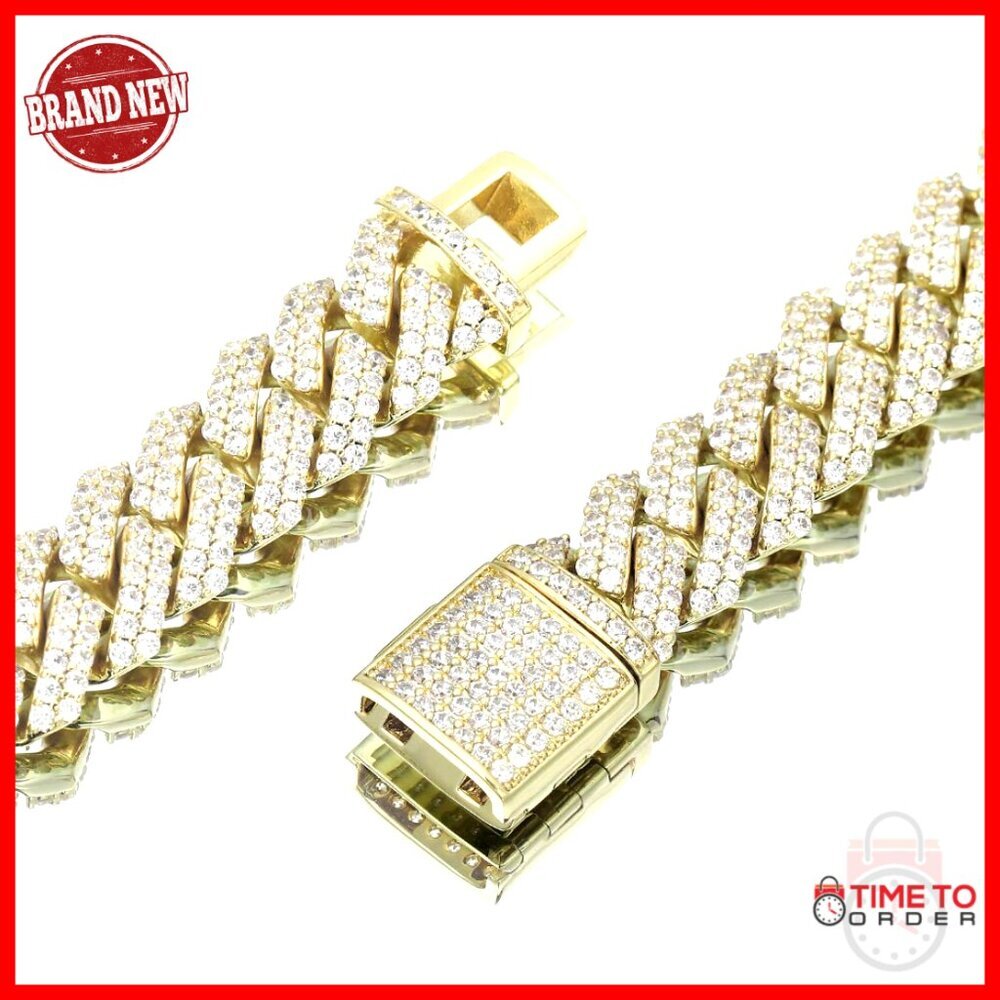 14K Gold Plated Cuban Link Chain Necklace 15in 12mm 100 CZ Stones